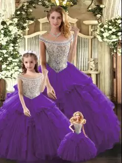 Purple Tulle Lace Up Vestidos de Quinceanera Sleeveless Floor Length Beading and Ruffles