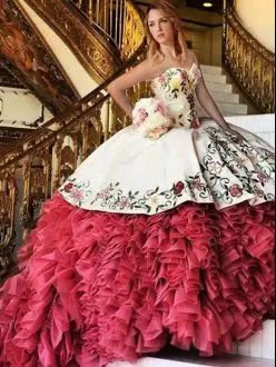 Classical White Red 15th Birthday Quinceanera Dress with Colorful Embroidery and Ruffles Train