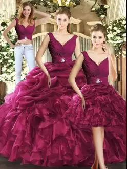 Classical Burgundy Organza Backless Quince Ball Gowns Sleeveless Floor Length Ruffles and Pick Ups