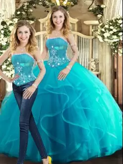 Aqua Blue Strapless Lace Up Beading and Ruffles Quince Ball Gowns Sleeveless