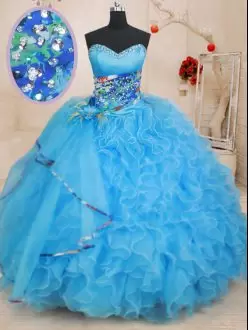 Fantastic Baby Blue Organza Lace Up Sweetheart Sleeveless Floor Length 15 Quinceanera Dress Beading and Ruffles and Pattern