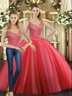 Coral Red Straps Lace Up Beading Quinceanera Gowns Sleeveless