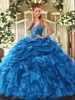Fitting Blue Ball Gowns Beading and Ruffles and Pick Ups Sweet 16 Quinceanera Dress Lace Up Organza Sleeveless Floor Length