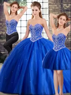 Sophisticated Blue Lace Up 15th Birthday Dress Beading Sleeveless Brush Train