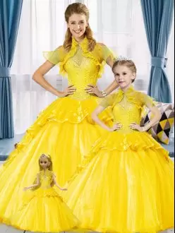 Bright Yellow Halter Top Illusion Neckline Beaded Bodice Quinceanera Dress Pakage Sleeveless Organza and Satin