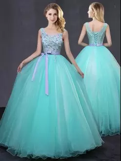 Beauteous Aqua Blue Sleeveless Tulle Lace Up 15 Quinceanera Dress for Military Ball and Sweet 16 and Quinceanera