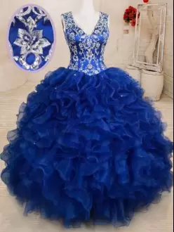 Royal Blue Backless Vestidos de Quinceanera Beading and Embroidery and Ruffles Sleeveless Floor Length