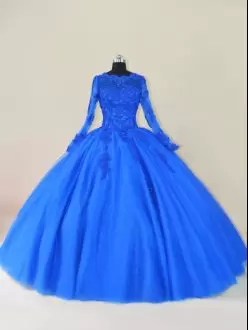 Super Tulle Scalloped Long Sleeves Zipper Lace and Appliques Sweet 16 Dress in Royal Blue
