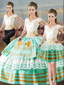 Elegant Three Pieces Sweet 16 Dresses Apple Green V-neck Satin Sleeveless Floor Length Lace Up