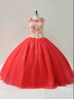 Scoop Sleeveless Lace Up Quince Ball Gowns Red Tulle Beading