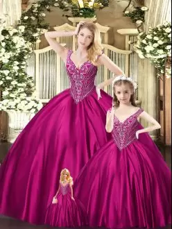 Fuchsia Sleeveless Organza Lace Up Ball Gown Prom Dress for Military Ball and Sweet 16 and Quinceanera