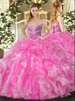 Rose Pink Sleeveless Organza Lace Up Quinceanera Gown for Military Ball and Sweet 16 and Quinceanera