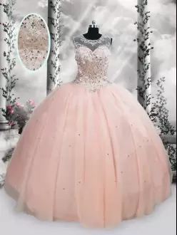 Stylish Pink Sleeveless Beading and Sequins Floor Length Quince Ball Gowns