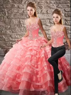 Beautiful Court Train Ball Gowns Quince Ball Gowns Watermelon Red Straps Organza Sleeveless Lace Up