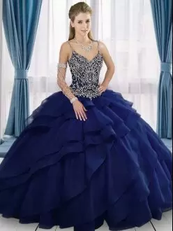 Navy Blue Ball Gown Prom Dress Military Ball and Sweet 16 and Quinceanera with Beading and Ruffled Layers Straps Sleeveless Lace Up
