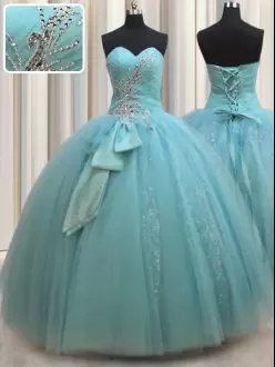 Deluxe Aqua Blue Sleeveless Tulle Lace Up Vestidos de Quinceanera for Military Ball and Sweet 16 and Quinceanera
