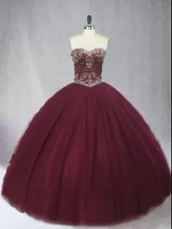 Burgundy Sweetheart Neckline Beading Quinceanera Dress Sleeveless Lace Up