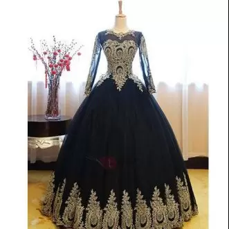 Scalloped Long Sleeves Vestidos de Quinceanera Floor Length Embroidery Black and Gold Tulle