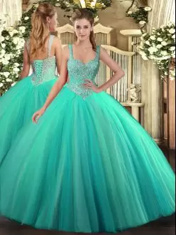 Turquoise Ball Gowns Beading Quinceanera Gowns Lace Up Tulle Sleeveless Floor Length