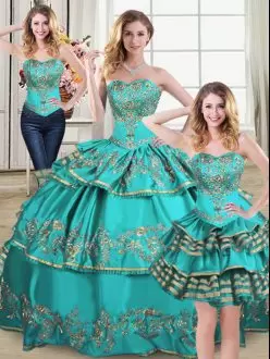 Sumptuous Aqua Blue Lace Up Sweetheart Embroidery and Ruffled Layers 15 Quinceanera Dress Organza Sleeveless