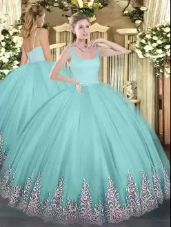 High End Floor Length Zipper Quinceanera Gown Aqua Blue for Military Ball and Sweet 16 and Quinceanera with Appliques
