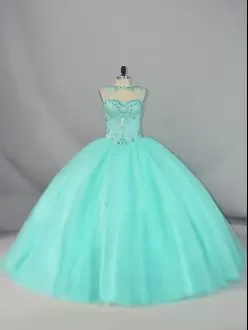 Sumptuous Sleeveless Tulle Brush Train Lace Up Sweet 16 Dress in Apple Green with Beading