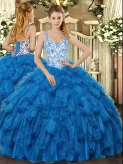 Gorgeous Blue Sleeveless Floor Length Beading and Ruffles Lace Up Vestidos de Quinceanera Straps