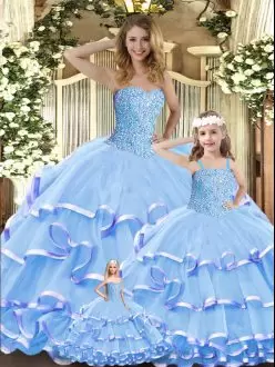 Light Blue Ruffled Layers No Train Beaded Ball Gown with Straps for Little Girls