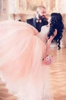 Luxury Pink Ball Gowns Tulle Sweetheart Sleeveless Beading With Train Lace Up Vestidos de Quinceanera Sweep Train