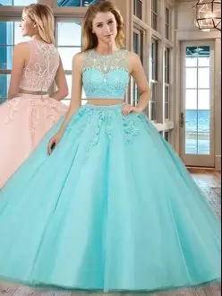 Shining Tulle Scoop Sleeveless Zipper Beading and Appliques Sweet 16 Quinceanera Dress in Aqua Blue
