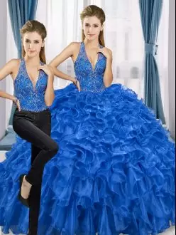 Two Pieces Quinceanera Gowns Royal Blue Halter Top Organza Sleeveless Floor Length Lace Up