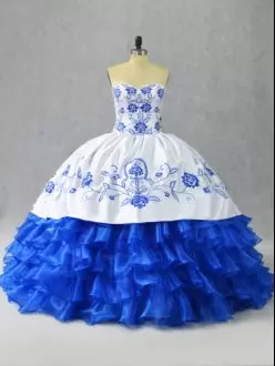 Custom Design Floor Length Blue And White Sweet 16 Quinceanera Dress Satin and Organza Sleeveless Embroidery and Ruffled Layers