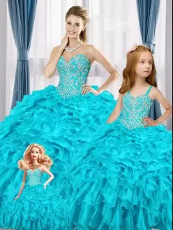Dramatic Floor Length Blue Quince Ball Gowns Sweetheart Sleeveless Lace Up