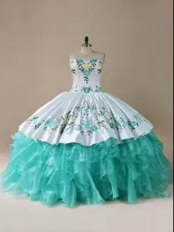 Aqua And White Organza 15 Quinceanera Dress Floral Embroidery