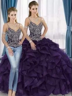 Purple Lace Up Straps Beading Quinceanera Dress Tulle Sleeveless