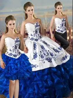 Blue And White Ball Gowns Sweetheart Sleeveless Satin and Organza Floor Length Lace Up Embroidery and Ruffles Sweet 16 Quinceanera Dress