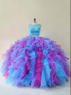 Classical Scoop Sleeveless Organza 15th Birthday Dress Beading and Ruffles Lace Up