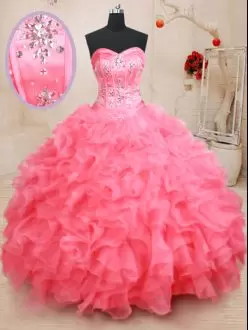 Beading and Ruffles 15th Birthday Dress Pink Lace Up Sleeveless Floor Length