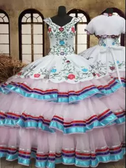 Colorful Organza and Taffeta Multi Color Embroidery and Ruffled Layers 15 Quinceanera Dress with Jacket