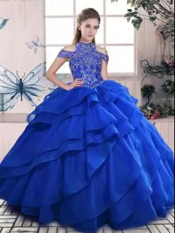 High-neck Sleeveless Lace Up Quinceanera Gowns Royal Blue Organza Beading and Ruffled Layers