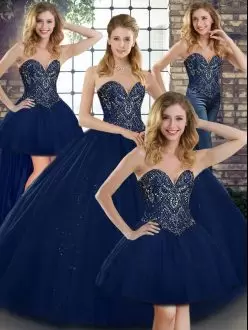 Wonderful Navy Blue Lace Up Sweetheart Beading Sweet 16 Dress Tulle Sleeveless