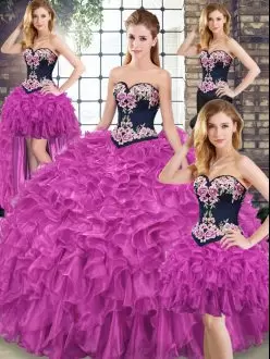 Embroidery and Ruffles Sweet 16 Quinceanera Dress Fuchsia Lace Up Sleeveless Sweep Train