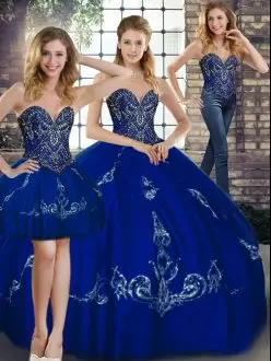 Attractive Royal Blue Tulle Lace Up Sweetheart Sleeveless Floor Length Sweet 16 Dresses Beading and Embroidery