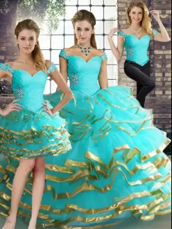 Attractive Aqua Blue Tulle Lace Up Off The Shoulder Sleeveless Floor Length Sweet 16 Dresses Beading and Ruffled Layers