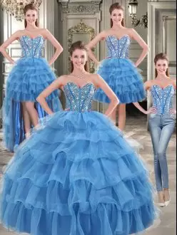 Inexpensive Beading and Ruffled Layers Sweet 16 Dress Blue Lace Up Sleeveless Floor Length