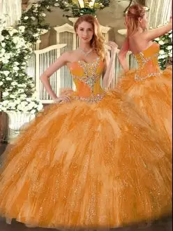 Ball Gowns 15th Birthday Dress Orange Sweetheart Organza Sleeveless Lace Up