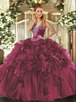 Flare Burgundy Straps Neckline Beading and Ruffles Sweet 16 Quinceanera Dress Sleeveless Lace Up