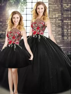 Sleeveless Floor Length Embroidery Zipper Quince Ball Gowns with Black