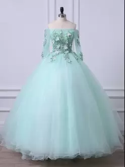 Sweet Off The Shoulder 3 4 Length Sleeve Tulle Sweet 16 Dress with Jewelry Beading Lace Up