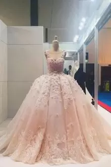 Adorable Pink Illusion Neckline Organza and Tulle Court Train Lace Up 15th Birthday Dress Puffy Sweet 16 and Quinceanera